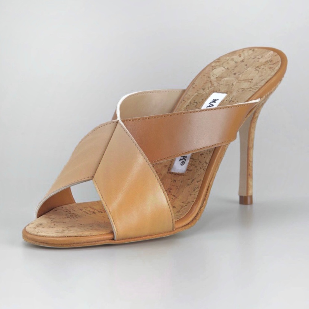 Manolo Blahnik Dalema Cork and Leather X-Cross High-Heel Slide 38.5